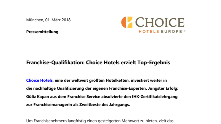 Franchise-Qualifikation: Choice Hotels erzielt Top-Ergebnis