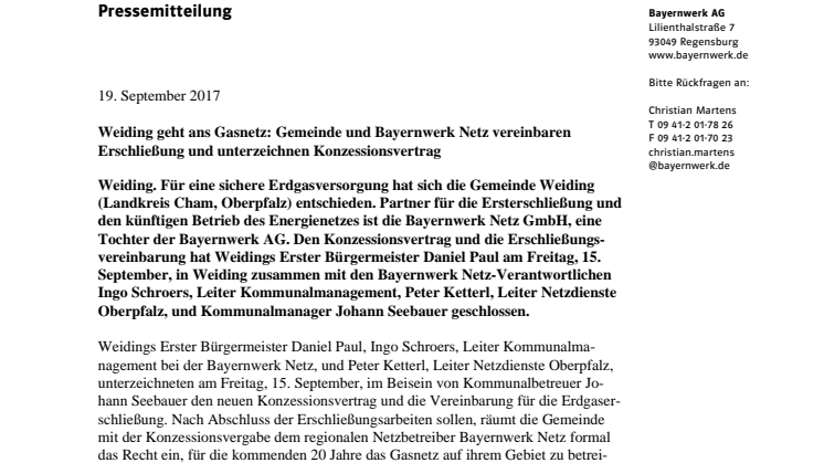 Weiding geht ans Gasnetz: Gemeinde und Bayernwerk Netz vereinbaren Erschließung und unterzeichnen Konzessionsvertrag 