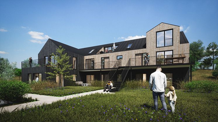 Visionsbild från Danielsen Architecture på kommande flerfamiljshus i Gårdstånga. Kraftringen har utvecklat byggprojektets unika energilösningar.