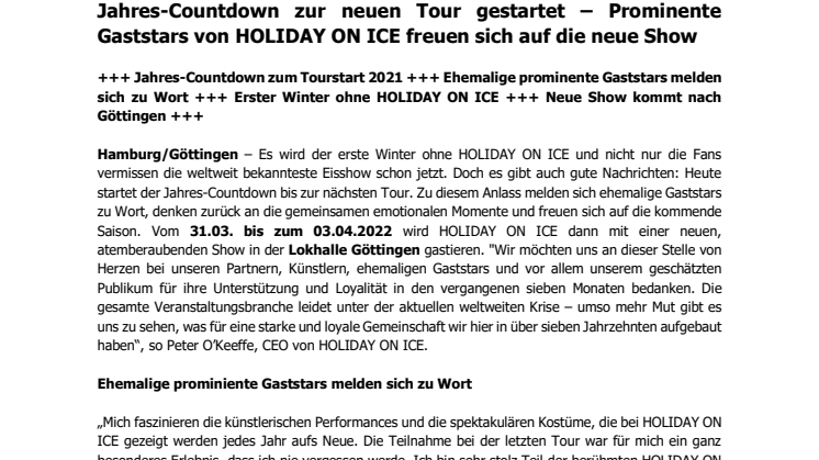 Jahres-Countdown zur neuen Tour gestartet – Prominente Gaststars von HOLIDAY ON ICE freuen sich auf die neue Show