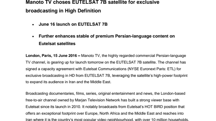Manoto TV choses EUTELSAT 7B satellite for exclusive broadcasting in High Definition