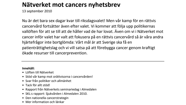 Nätverket mot cancers nyhetsbrev - 13 september 2010