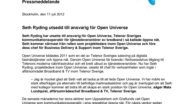 Seth Ryding utsedd till ansvarig för Open Universe