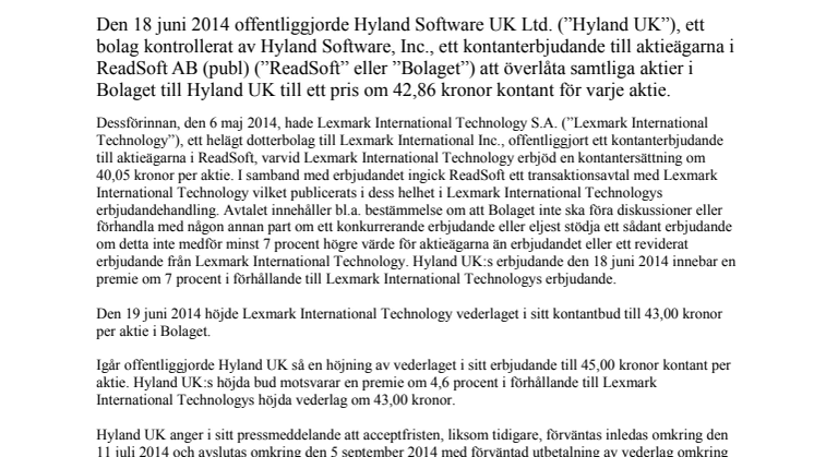 Höjt kontanterbjudande från Hyland Software UK