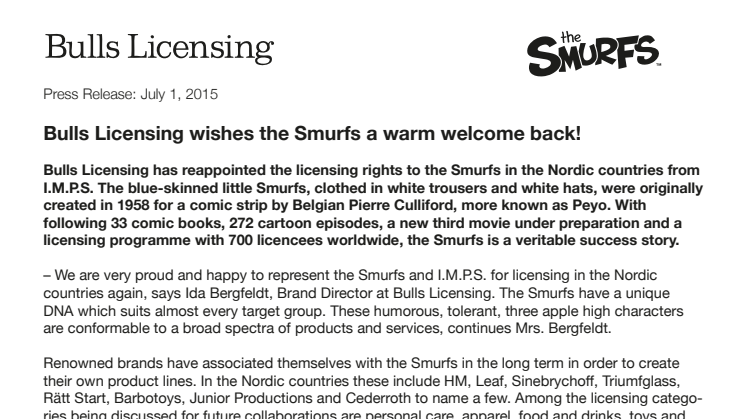 ​Bulls Licensing wishes the Smurfs a warm welcome back!