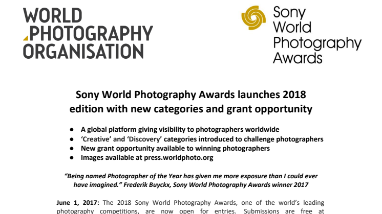 Sony World Photography Awards launches 2018 edition with new categories and grant opportunity