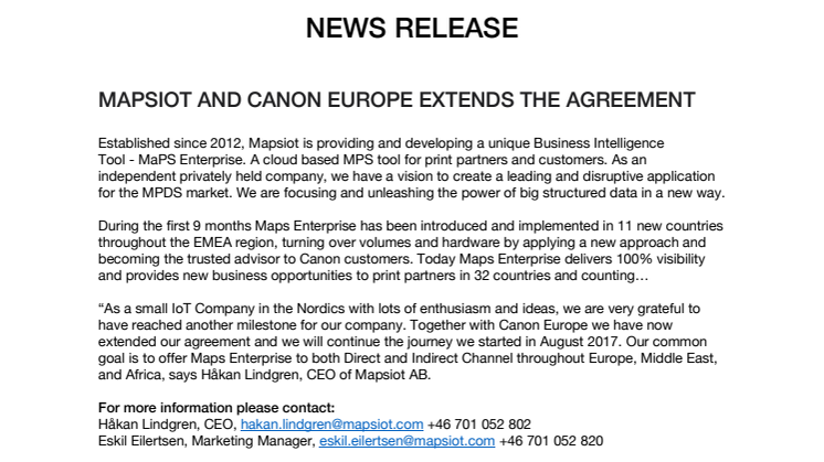 MAPSIOT AND CANON EUROPE EXTENDS THE AGREEMENT
