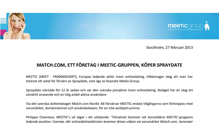 MATCH.COM, ETT FÖRETAG I MEETIC-GRUPPEN, KÖPER SPRAYDATE  