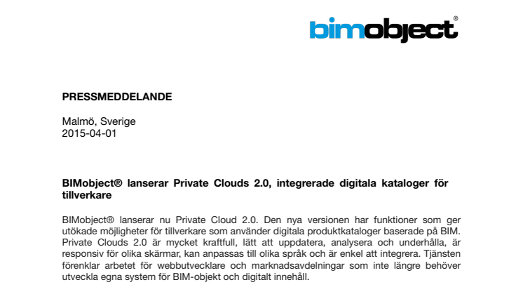BIMobject® lanserar Private Clouds 2.0, integrerade digitala kataloger för tillverkare