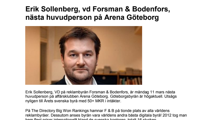 Erik Sollenberg, vd Forsman & Bodenfors, nästa huvudperson på Arena Göteborg