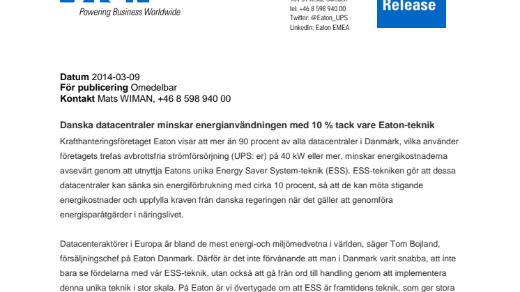 Danska datacentraler minskar energianvändningen med 10 procent tack vare Eaton-teknik