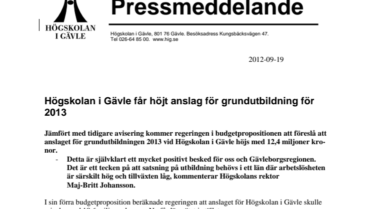 Högskolan i Gävle får höjt anslag för grundutbildning för 2013