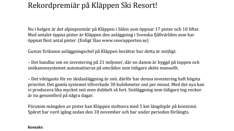 Rekordpremiär på Kläppen Ski Resort!