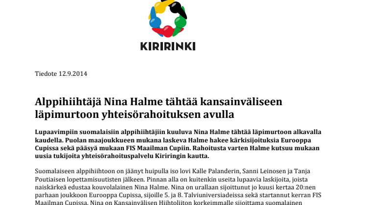 Alppihiihtäjä Nina Halme tähtää kansainväliseen läpimurtoon yhteisörahoituksen avulla