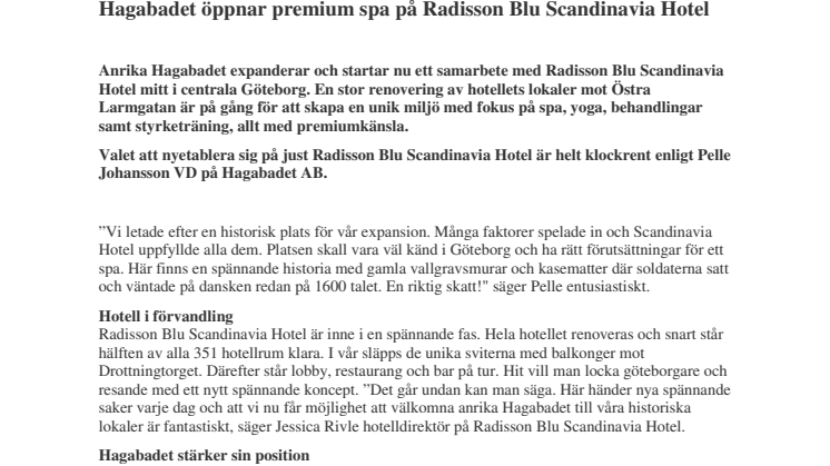 Hagabadet öppnar premiumspa med Radisson Blu Scandinavia Hotel