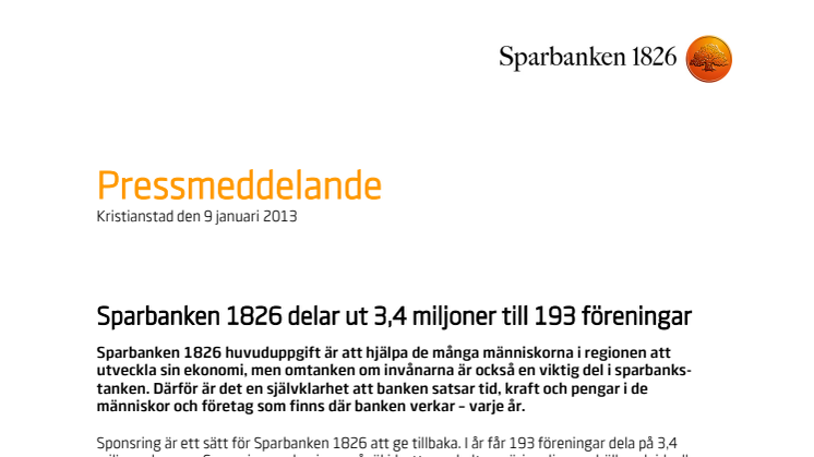 Sparbanken 1826 delar ut 3,4 miljoner till 193 föreningar