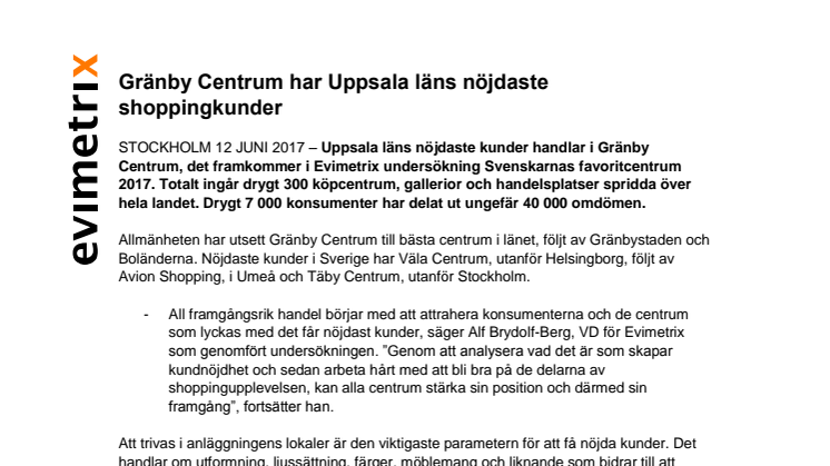 Gränby Centrum har Uppsala läns nöjdaste shoppingkunder