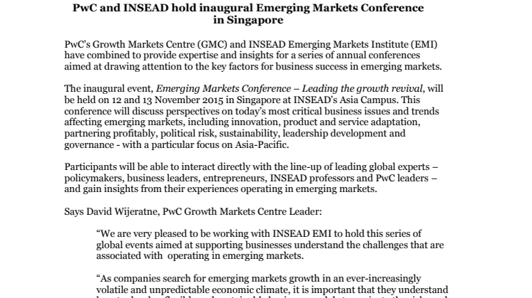 PwC and INSEAD hold inaugural Emerging Markets Conference  in Singapore