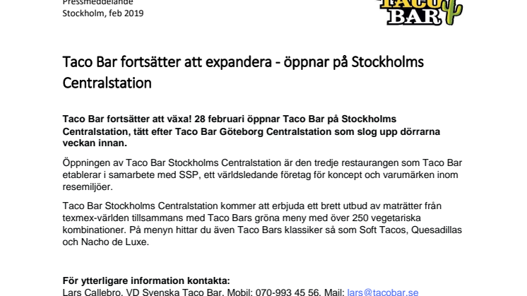 Taco Bar fortsätter att expandera - öppnar på Stockholms Centralstation