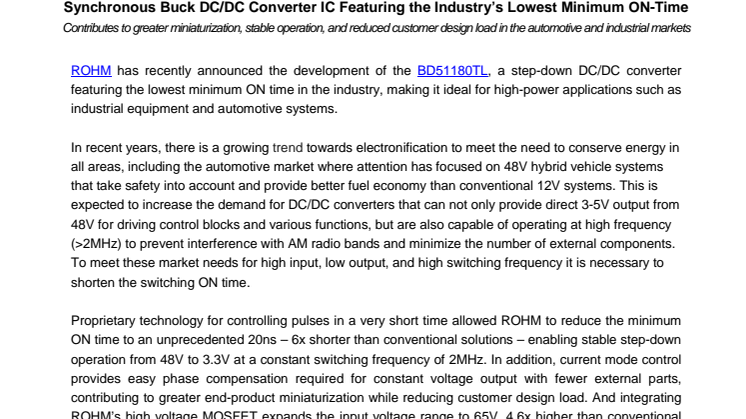 Synchronous Buck DC/DC Converter IC Featuring the Industry’s Lowest Minimum ON-Time---Contributes to greater miniaturization, stable operation, and reduced customer design load in the automotive and industrial markets