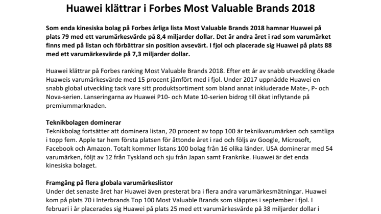 Huawei klättrar i Forbes Most Valuable Brands 2018 