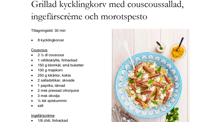 Grillad kycklingkorv med couscoussallad, ingefärscrème och morotspesto