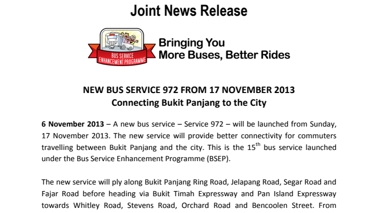 NEW BUS SERVICE 972 FROM 17 NOVEMBER 2013 - Connecting Bukit Panjang to the City