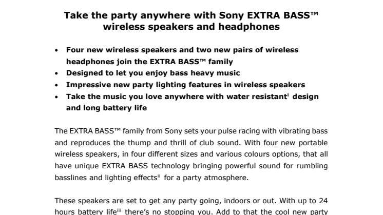 Sonyn uudet EXTRABASS-tuoteperheen langattomat kaiuttimet ja kuulokkeet tuovat bileet tullessaan