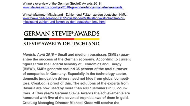 Press Release German Stevie Awards / CreaLog English Version