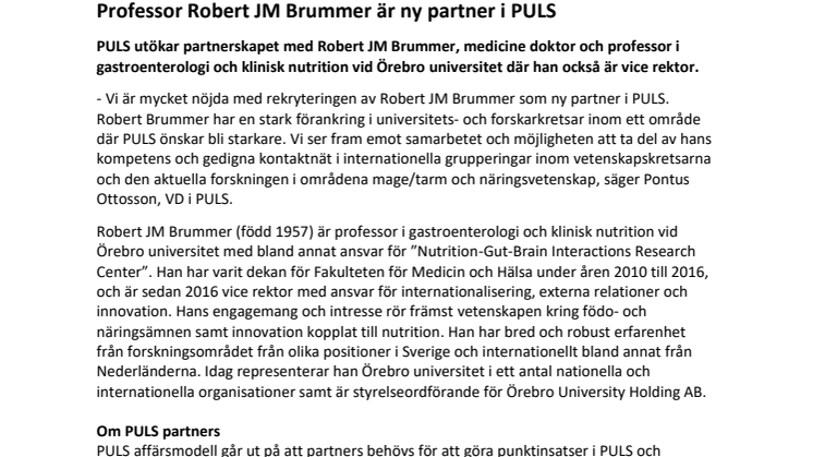 Professor Robert JM Brummer är ny partner i PULS