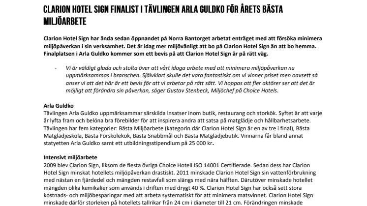 Clarion Hotel Sign finalist i tävlingen Arla Guldko för årets bästa miljöarbete