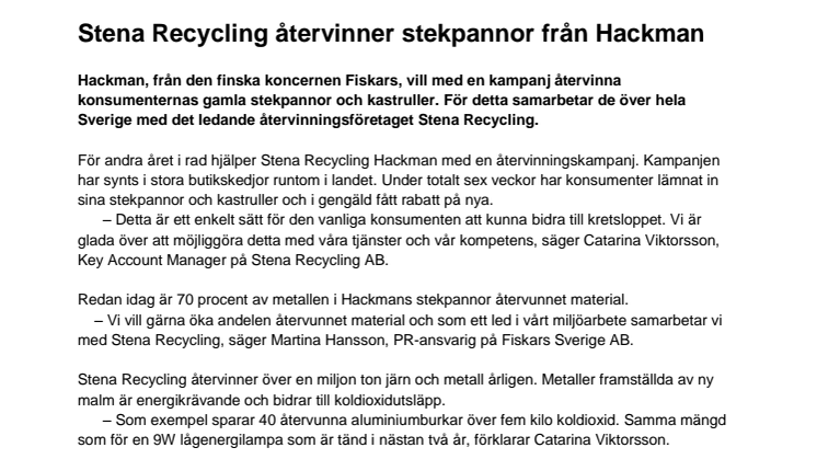 Stena Recycling återvinner stekpannor från Hackman