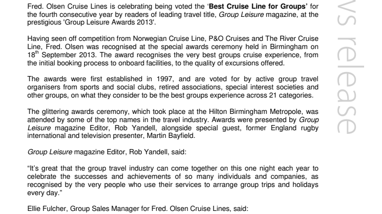 Fred. Olsen Cruise Lines celebrates a fourth victory as  ‘Best Cruise Line for Groups’ at the ‘Group Leisure Awards 2013’