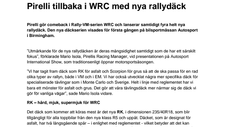 Pirelli tillbaka i WRC med nya rallydäck