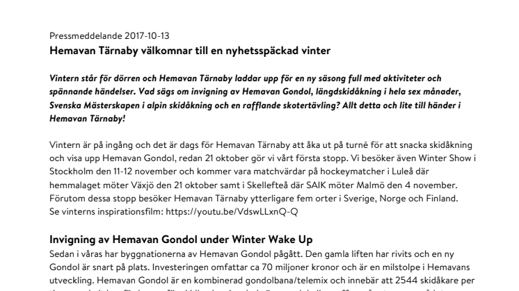Pressmeddelande vinterns nyheter i Hemavan Tärnaby 2017-10-13