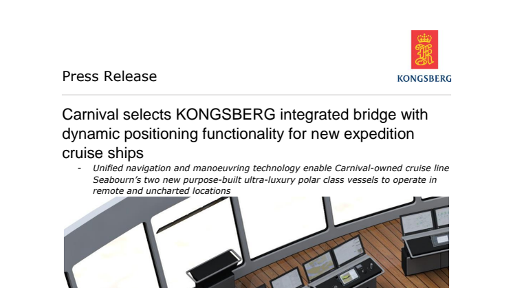 Carnival selects KONGSBERG integrated bridge with dynamic positioning functionality for new expedition cruise ships 