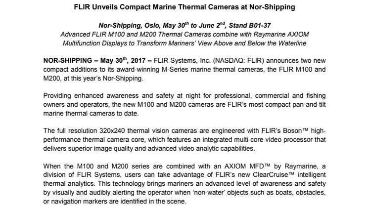 FLIR (Nor-Shipping - 1 of 3 releases): FLIR Unveils Compact Marine Thermal Cameras at Nor-Shipping