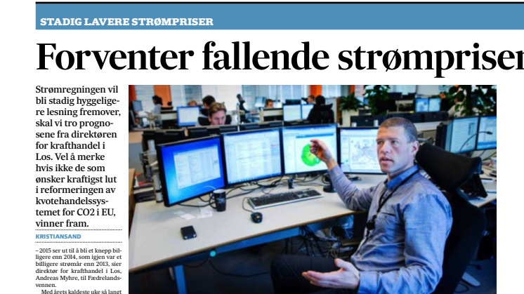 Presseklipp fra Fædrelandsvennen 10.02.2015 - Fallende strømpriser tredje året på rad