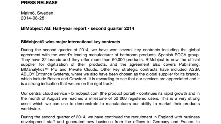 BIMobject AB: Half-year report - second quarter 2014