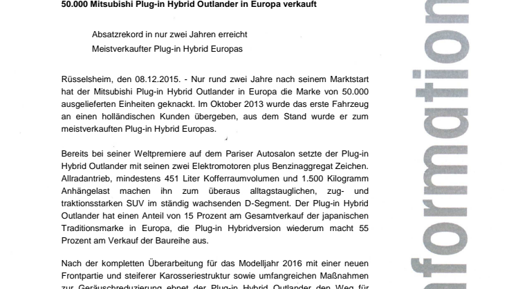 50.000 Mitsubishi Plug-in Hybrid Outlander in Europa verkauft
