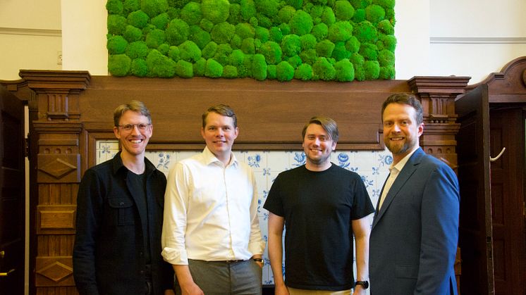 The two Kvasir Technologies founders and the new investors: From the left: Mikkel Skytte Hejbøl (The Footprint Firm), Anders Bak Kristoffersen (Kvasir), Joachim Bachmann Nielsen (Kvasir), and Johan Bitsch Nielsen (EIFO)