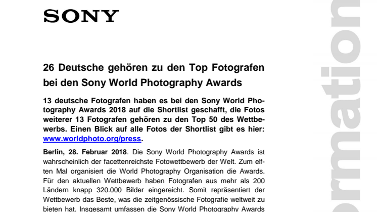 26 Deutsche gehören zu den Top Fotografen bei den Sony World Photography Awards