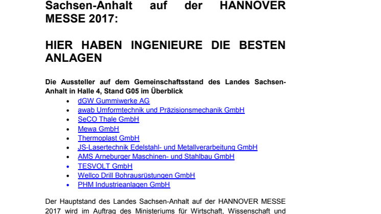 Presseeinladung: Sachsen-Anhalt auf der HANNOVER MESSE 2017