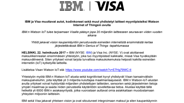 IBM ja Visa muuttavat autot, kodinkoneet sekä muut yhdistetyt laitteet myyntipisteiksi Watson Internet of Thingsin avulla