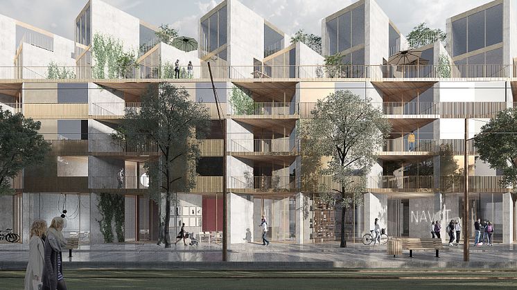 Visionsbilden visar Navet, Kärnhems och Arkitema Architects vinnande förslag för kvarteret mellan Nobelparken och Brunnshögs torg i centrala Brunnshög. 