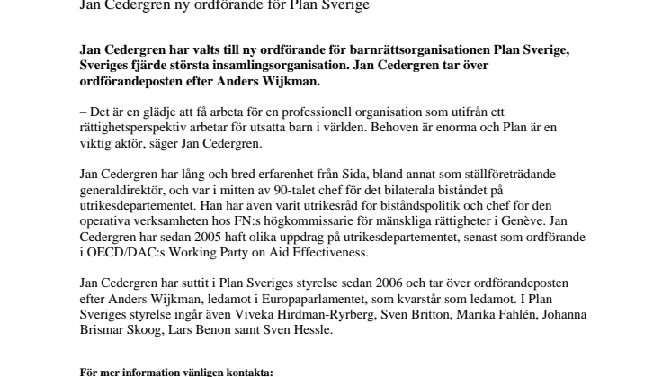 Jan Cedergren ny ordförande för Plan Sverige