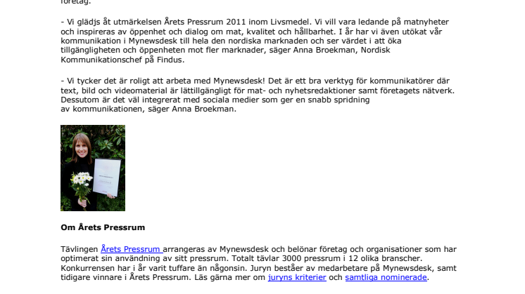 Findus Sverige AB vinnare av Årets Pressrum 2011 