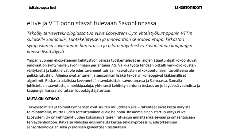 eLive ja VTT ponnistavat tulevaan Savonlinnassa 