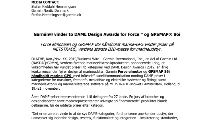 Garmin® vinder to DAME Design Awards for Force™ og GPSMAP® 86i