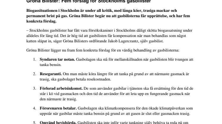 Gröna Bilister: Fem förslag för Stockholms gasbilister